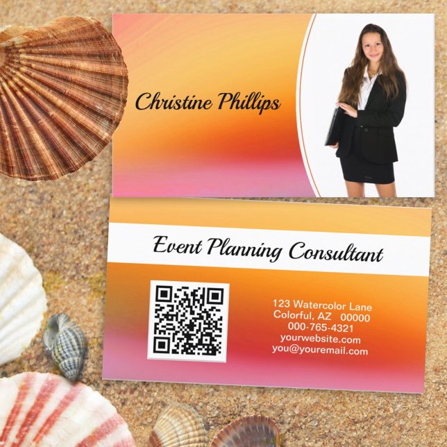 Professional Orange Watercolor Custom Photo QR Business Card (Creator Uploaded)