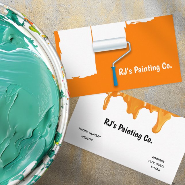 Professional Orange White Paint Roller Painter Business Card (Professional Orange White Paint Roller Painter Business Card)
