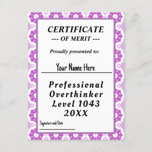 Professional overthinker certificate award postcard