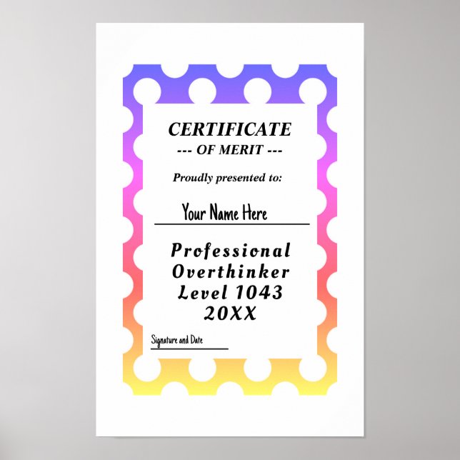 Professional overthinker certificate award poster (Front)