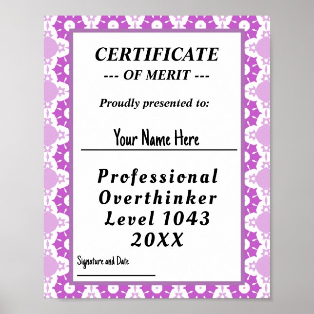 Professional overthinker certificate award poster (Front)