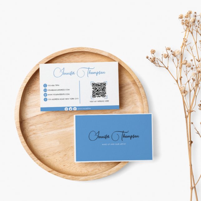 Professional Pastel Blue Script QR Code Business Card (Creator Uploaded)