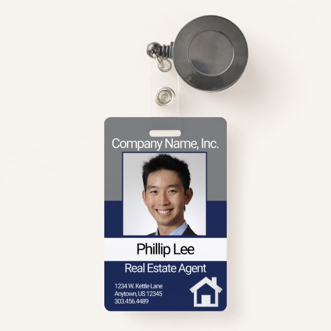 Professional Photo Badge - Gray / Blue ID Badge (Front with Retractable)