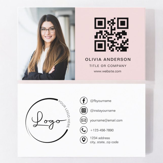 Professional Photo Blush Pink QR Code Social Media Business Card (Creator Uploaded)