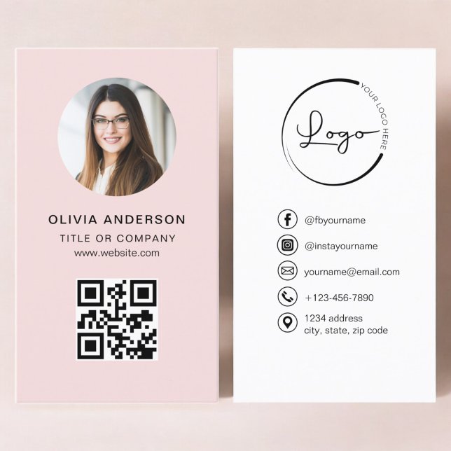 Professional Photo Blush Pink QR Code Social Media Business Card (Creator Uploaded)