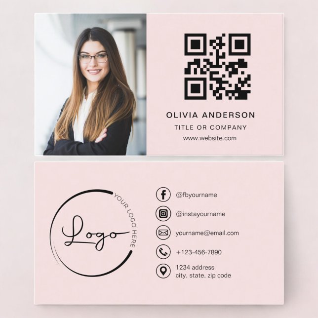 Professional Photo Blush Pink QR Code Social Media Business Card (Creator Uploaded)