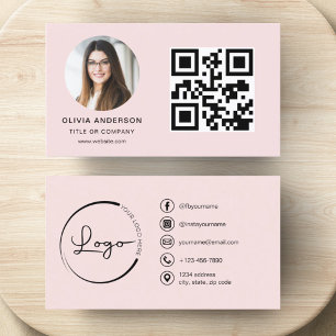 Professional Photo Blush Pink QR Code Social Media Business Card