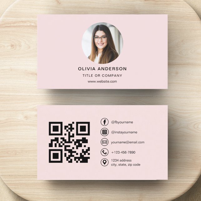 Professional Photo Blush Pink QR Code Social Media Business Card (Creator Uploaded)