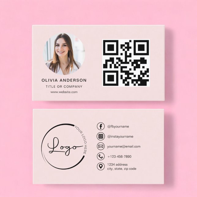 Professional Photo Blush Pink QR Code Social Media Business Card (Creator Uploaded)