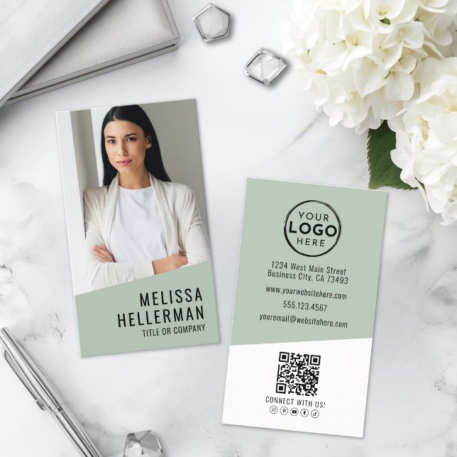 Professional Photo QR Code Logo Green Vertical Business Card (Professional Photo QR Code Logo Green Vertical Business Card)