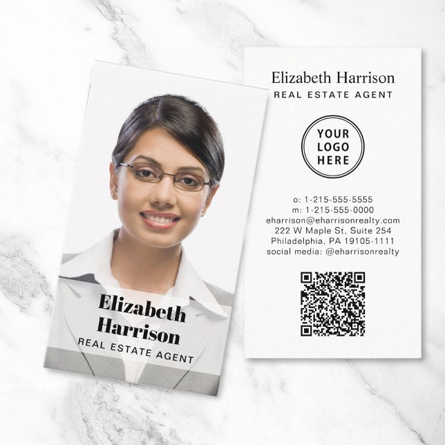 Professional Photo QR Code Logo Real Estate Business Card (Make a lasting impression with this modern business card featuring your photo and scannable QR code)
