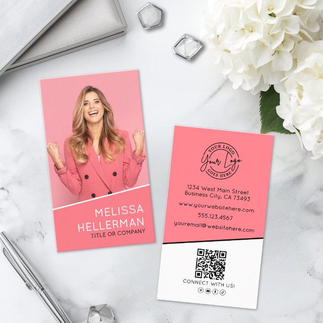 Professional Photo QR Code Logo Vertical Pink Business Card (Professional Photo QR Code Logo Vertical Pink Business Card )
