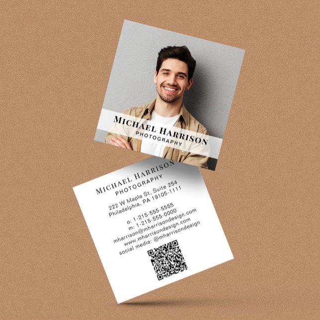 Professional Photo QR Code Square Business Card (Make connections and leave a lasting impression with our modern QR code and photo business card)