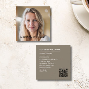 Professional Photo QR Social Media Taupe Square Business Card