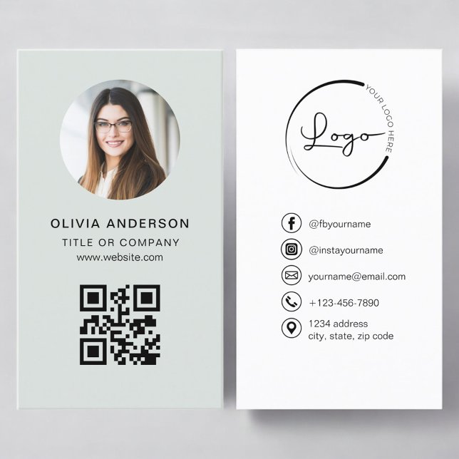 Professional Photo Sage Green QR Code Social Media Business Card (Creator Uploaded)