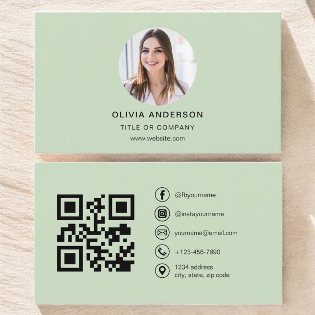 Professional Photo Sage Green QR Code Social Media Business Card (Creator Uploaded)
