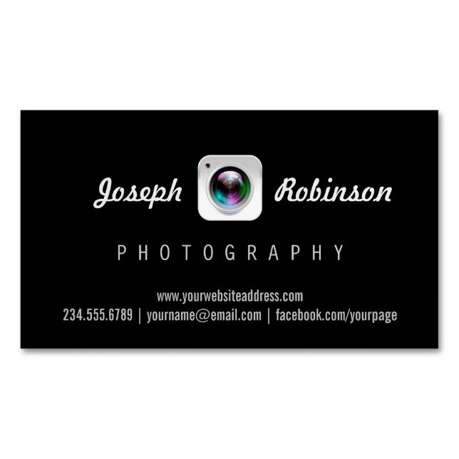 Professional Photography Camera Lens Logo Symbol Magnetic Business Card (Front)