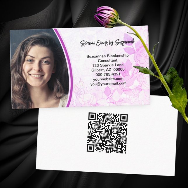 Professional Pink Floral Background Custom Photo  Business Card (front pastel floral and custom photo; back QR code on white business card)