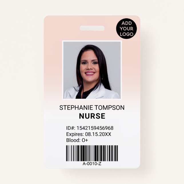 Professional pink ombre nurse photo logo code ID badge (Front)