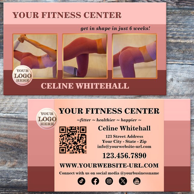 Professional Pink Photo Fitness Centre Business Card (Professional fitness personal trainer business card featuring in elegant pink with warm earth tones)