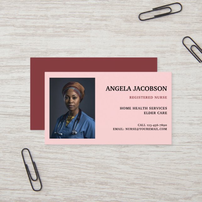 Professional Pink Registered Nurse Photo Business Card (Front/Back In Situ)