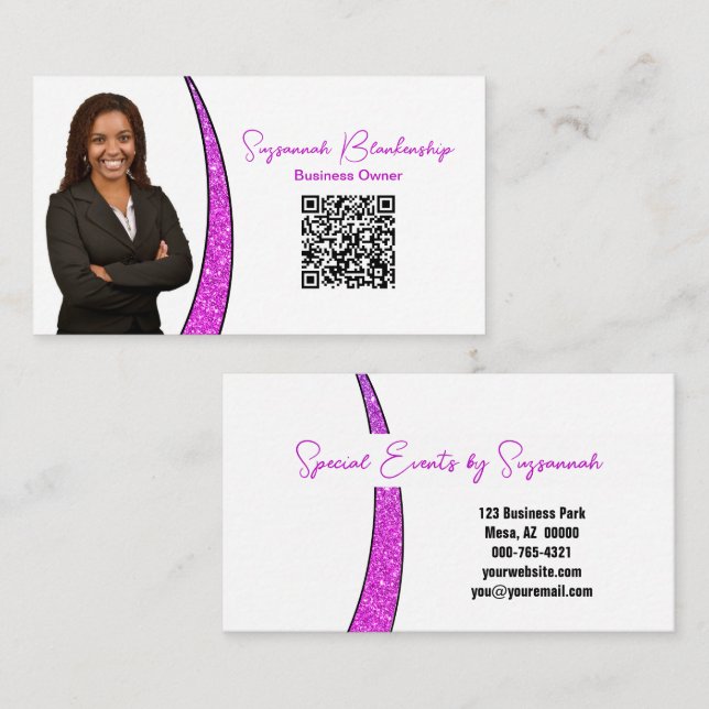 Professional Pink Sliver of Faux Glitter Photo QR Business Card (Front/Back)