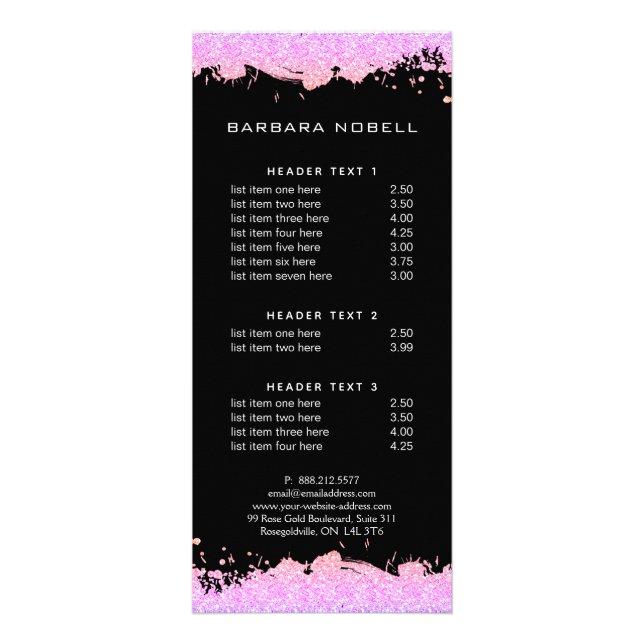 Professional Pink Splatter Service Menu (Front)