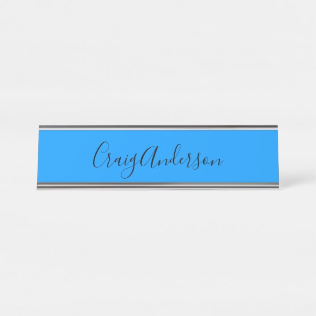 Professional Plain Modern Elegant Bright Blue Chic Desk Name Plate (Front)