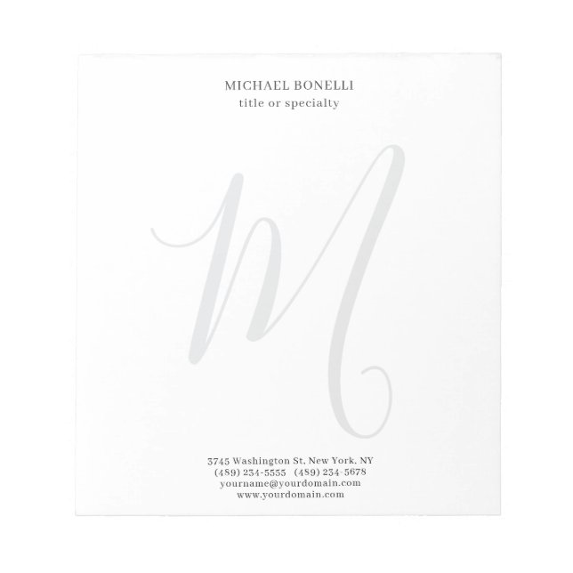 Professional Plain Modern Minimalist Monogrammed Notepad (Front)