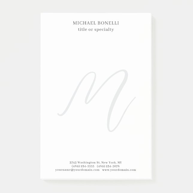 Professional Plain Modern Minimalist Monogrammed Post-it Notes (Front)