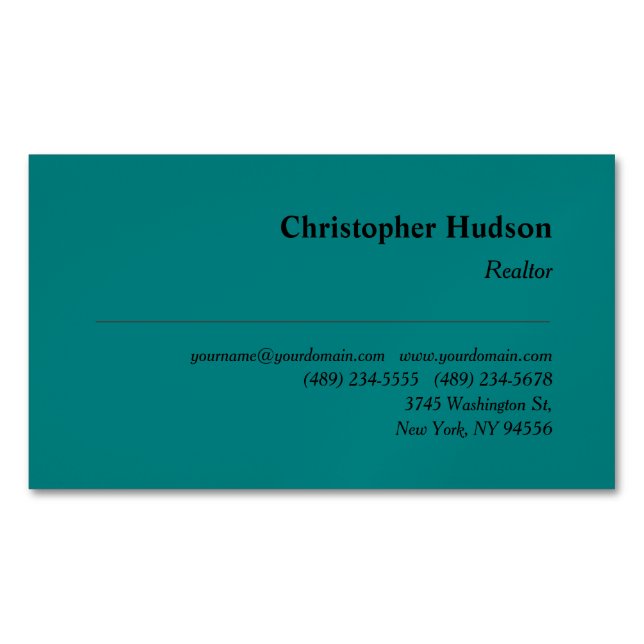 Professional Plain Realtor Real Estate Teal Blue Magnetic Business Card (Front)