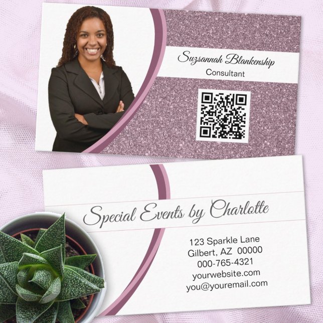 Professional Plum Glitter Custom Photo QR Code  Business Card (Creator Uploaded)