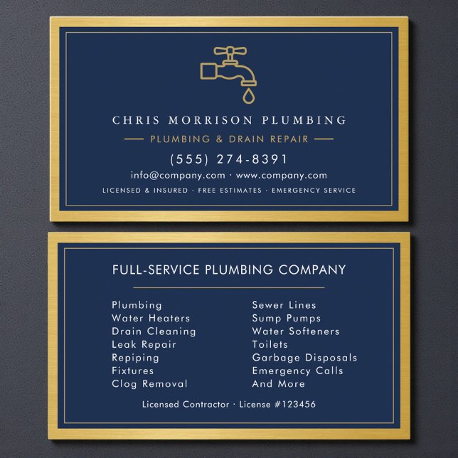 Professional Plumber Navy Blue Gold QR Code Business Card (Creator Uploaded)