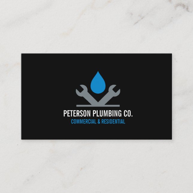 Professional Plumbing Logo drop wrench black Business Card (Front)