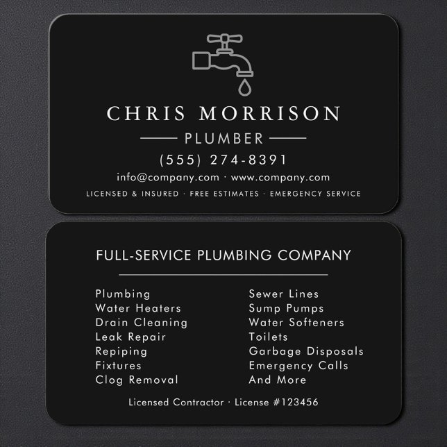 Professional Plumbing Service Black & Silver Business Card (Creator Uploaded)