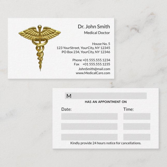 Professional Precious Medical Gold Caduceus Appointment Card (Front/Back)