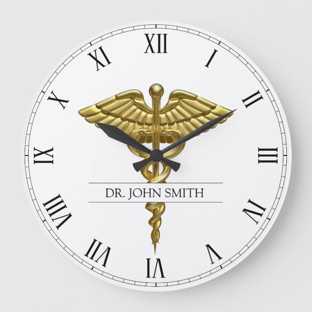 Professional Precious Medical Gold Caduceus Large Clock (Front)