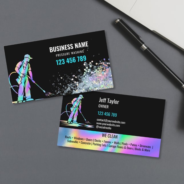 Professional Pressure Washing Power Roof Deck  Business Card (holographic foil power washer with water splash business cards)