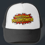 Professional Procrastinator Comic Book Pop Art  Trucker Hat<br><div class="desc">Embrace your inner deadline-dodger with this vibrant Professional Procrastinator trucker hat. Featuring a bold, retro comic book explosion aesthetic, this design uses high-energy yellow and red tones with classic halftone dot patterns to make a statement. Whether you’re "working" from home, avoiding a massive term paper, or just finally admitting that...</div>