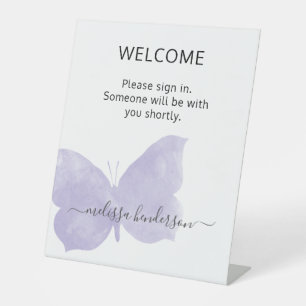 Professional Purple Butterfly Welcome Office Pedestal Sign