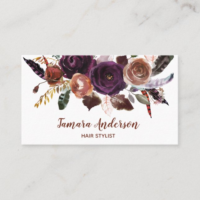 Professional Purple Floral Hairstylist Makeup Business Card (Front)