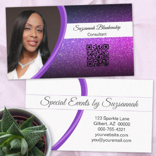 Professional Purple Glitter Custom Photo QR Code Business Card
