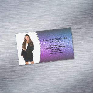 Professional Purple Ombre Glitter Custom Photo Magnetic Business Card