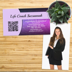 Professional Purple Ombre Glitter Custom Photo QR Business Card