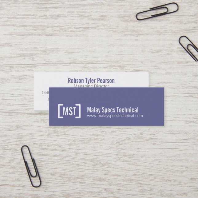 Professional purple & white skinny business card (Front/Back In Situ)