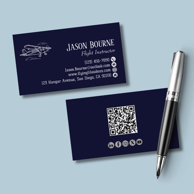 Professional QR Code Aviation Employee Navy Blue Business Card (Creator Uploaded)