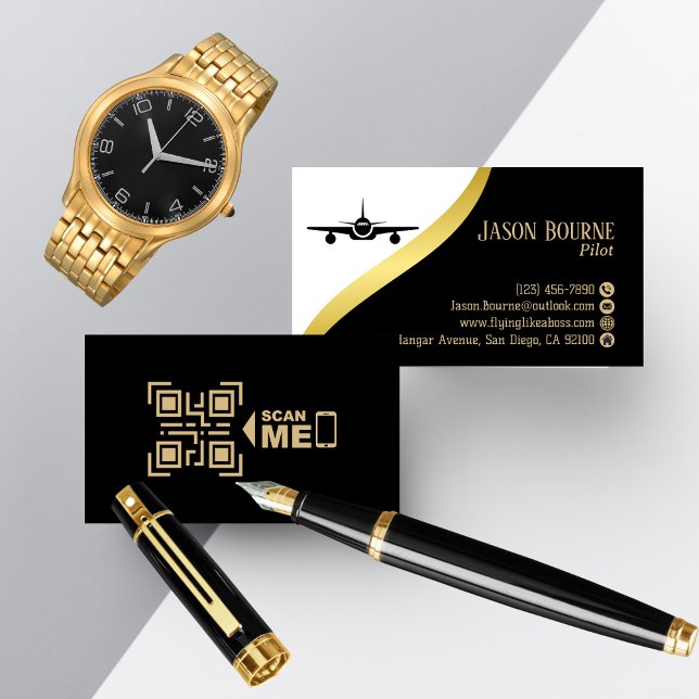 Professional QR Code Black Gold Pilot Minimalist Business Card (Creator Uploaded)