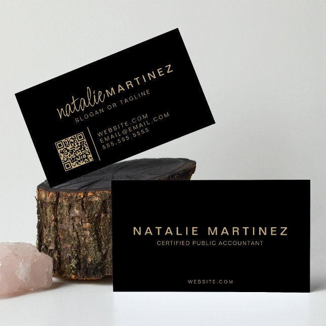 Professional QR Code Elegant Black And Gold Script Business Card (Creator Uploaded)