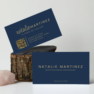 Professional QR Code Elegant Blue And Gold Script Business Card