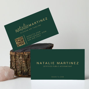 Professional QR Code Emerald Green Gold Script Business Card